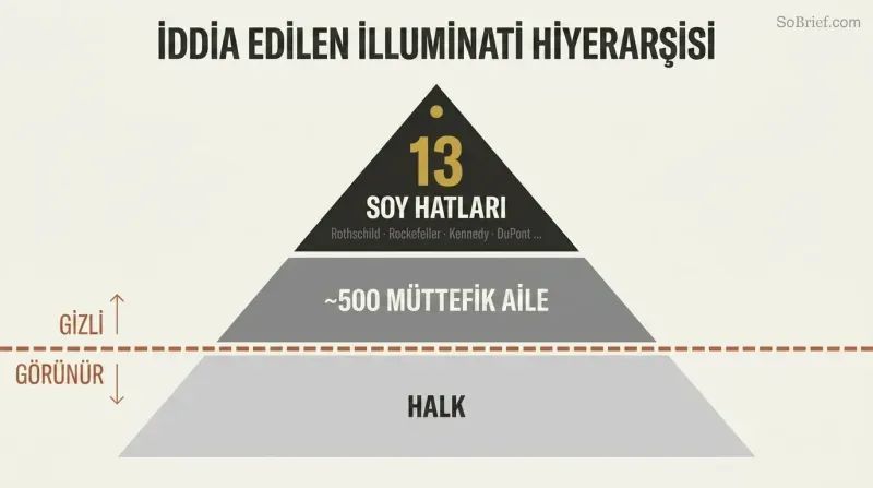 Three-tiered pyramid with a dashed visibility line separating thirteen hidden ruling bloodline families and five hundred allied families above from the public below.