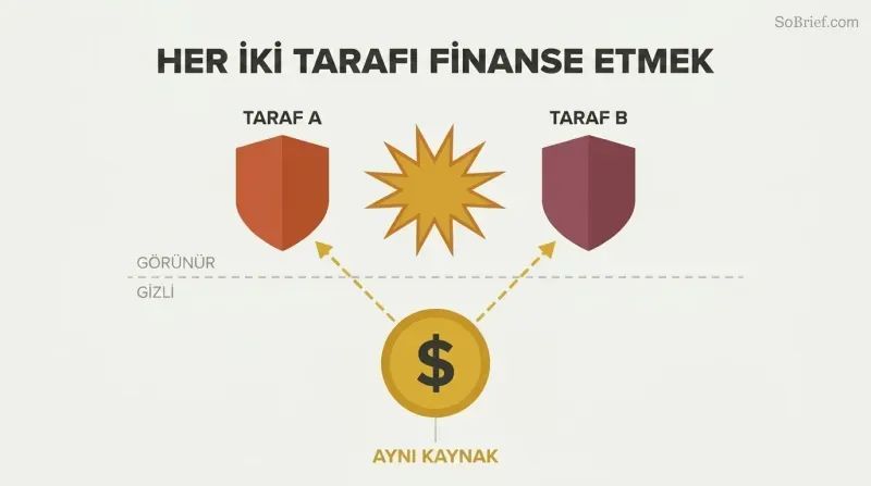Two opposing shields clash above a dashed dividing line while gold lines below reveal both are secretly funded by a single gold coin at center.