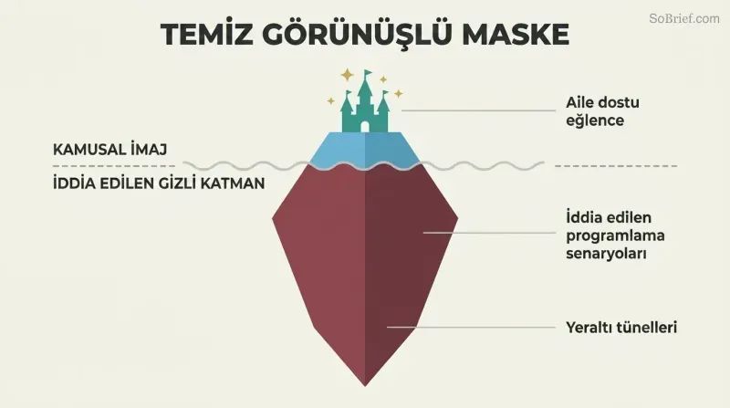 Iceberg diagram with a small bright fairy-tale castle above a waterline and a much larger dark mass below, showing alleged dual public and hidden purposes.