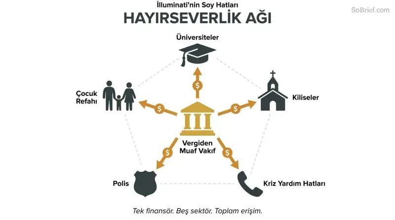 A central gold foundation symbol connected by funding lines to five surrounding institutions — universities, churches, crisis hotlines, police, and child welfare — revealing one source behind all.