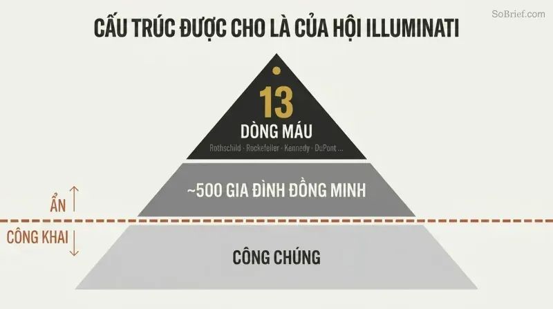 Three-tiered pyramid with a dashed visibility line separating thirteen hidden ruling bloodline families and five hundred allied families above from the public below.