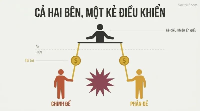 Two opposing puppet silhouettes connected by gold money-strings to a single controlling figure above a hidden-visible divider, revealing one funder behind both sides of a conflict.