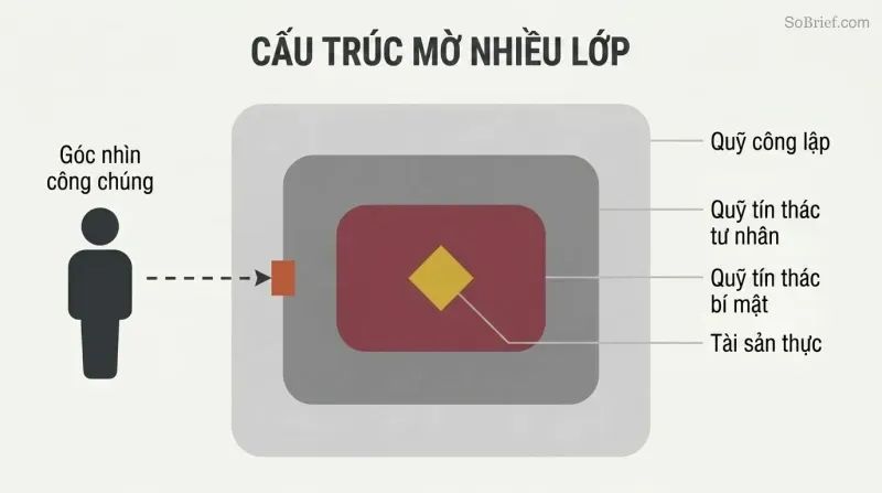 Concentric nested rectangles representing trusts within trusts, progressing from a visible outer layer to a hidden gold core of dynastic wealth.