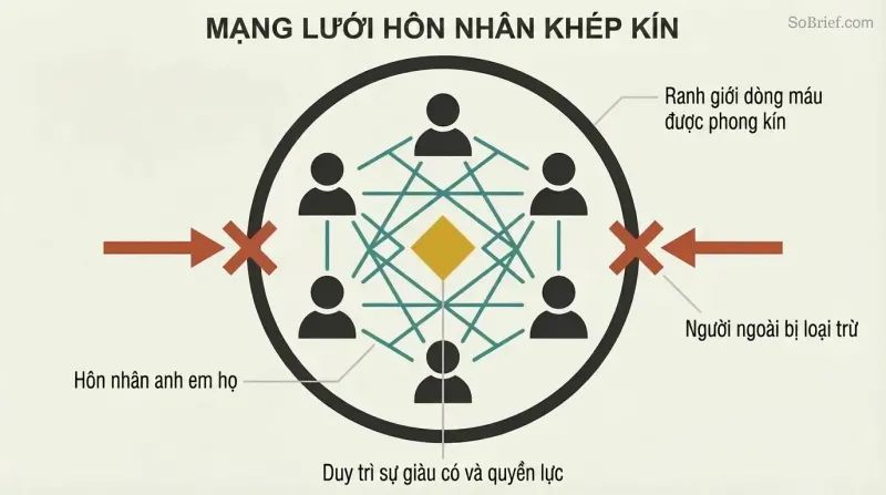 Sealed circular boundary containing six interconnected human figures in a dense lattice pattern around a central gold power symbol, with outside arrows blocked at the perimeter.