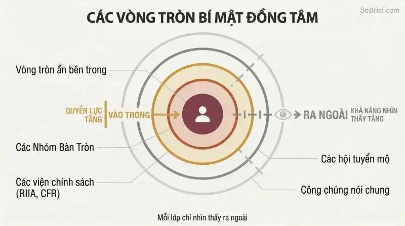 Concentric rings showing how layered secret organizations shield an inner circle of hidden power from public visibility, with each ring knowing only the layer outside it.