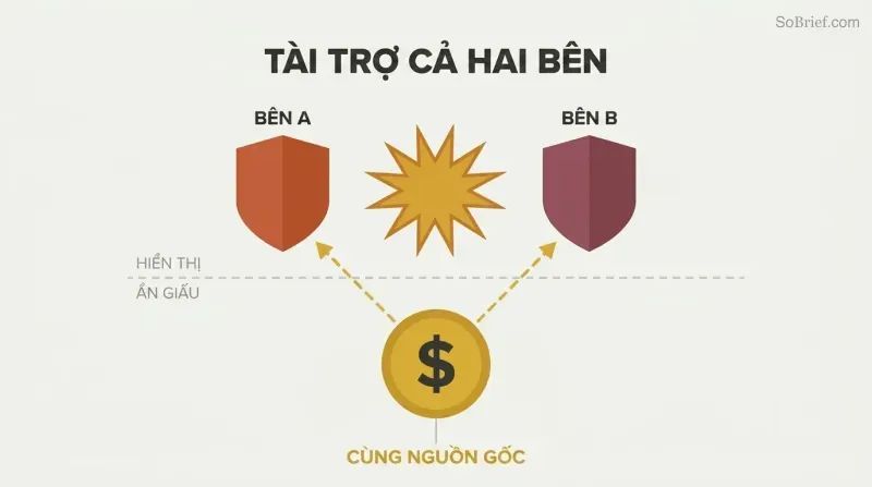 Two opposing shields clash above a dashed dividing line while gold lines below reveal both are secretly funded by a single gold coin at center.