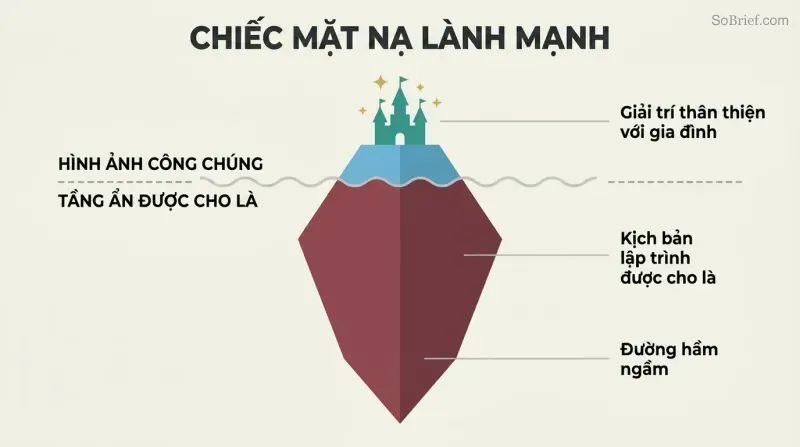 Iceberg diagram with a small bright fairy-tale castle above a waterline and a much larger dark mass below, showing alleged dual public and hidden purposes.