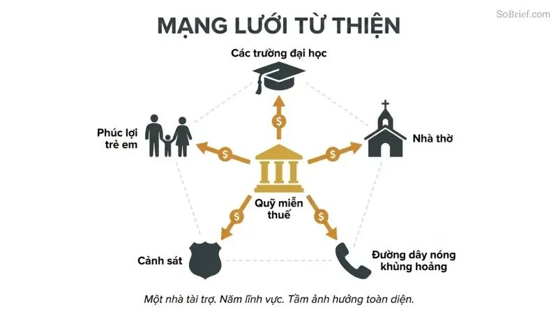 A central gold foundation symbol connected by funding lines to five surrounding institutions — universities, churches, crisis hotlines, police, and child welfare — revealing one source behind all.