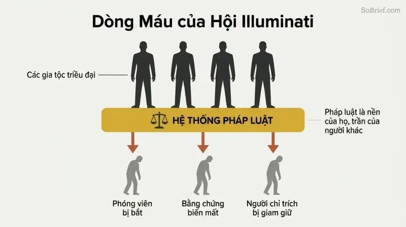 Family silhouettes standing atop a gold legal system bar, with downward arrows pressing onto smaller citizen figures below.