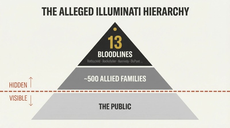 Three-tiered pyramid with a dashed visibility line separating thirteen hidden ruling bloodline families and five hundred allied families above from the public below.