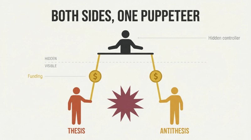 Two opposing puppet silhouettes connected by gold money-strings to a single controlling figure above a hidden-visible divider, revealing one funder behind both sides of a conflict.