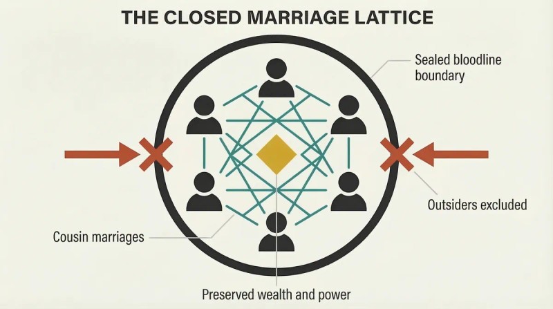 Sealed circular boundary containing six interconnected human figures in a dense lattice pattern around a central gold power symbol, with outside arrows blocked at the perimeter.
