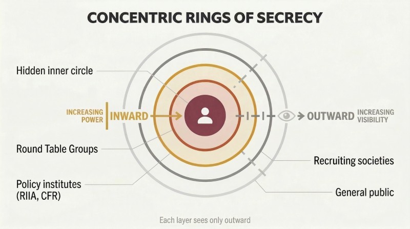 Concentric rings showing how layered secret organizations shield an inner circle of hidden power from public visibility, with each ring knowing only the layer outside it.