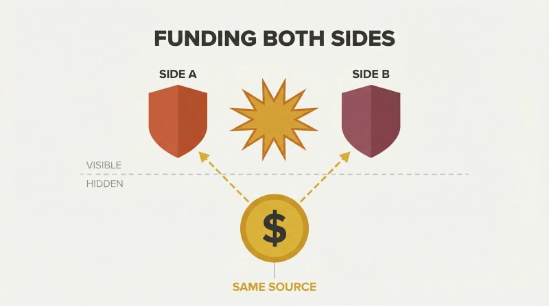 Two opposing shields clash above a dashed dividing line while gold lines below reveal both are secretly funded by a single gold coin at center.