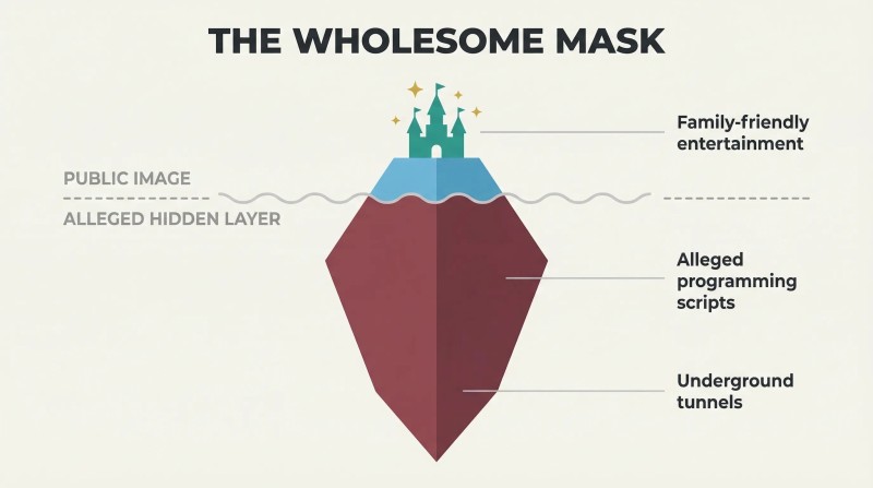 Iceberg diagram with a small bright fairy-tale castle above a waterline and a much larger dark mass below, showing alleged dual public and hidden purposes.