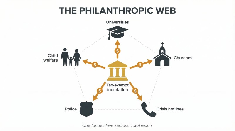 A central gold foundation symbol connected by funding lines to five surrounding institutions — universities, churches, crisis hotlines, police, and child welfare — revealing one source behind all.