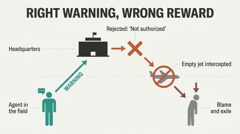 Four-step zigzag flow between an agent below and headquarters above, showing a correct warning sent up, rejected, leading to failure, then blame directed back down to the agent.