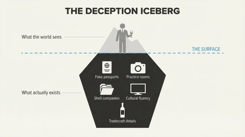 Iceberg cross-section with a small visible tip bearing a person silhouette above a waterline and a massive hidden mass below filled with espionage infrastructure icons.