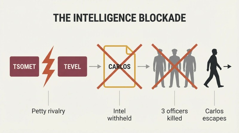 Three-stage causal chain showing two rival Mossad departments blocking a critical intelligence file, leading to three police officers killed and a terrorist escaping free.