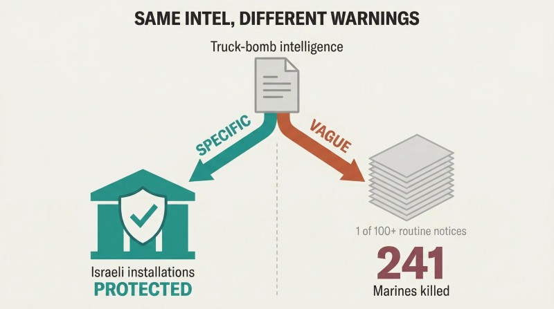 Fork diagram showing one intelligence source deliberately split into a specific warning protecting Israeli sites and a vague warning that left 241 Marines unprotected.