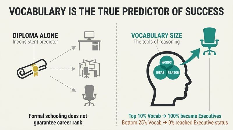 Split diagram comparing formal diplomas to vocabulary size as career success predictors. The diploma side shows erratic dashed outcomes, while the vocabulary side shows a direct solid arrow to executive leadership.