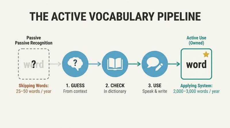 Horizontal flowchart showing the transformation of an unfamiliar word into an active vocabulary word through three steps: Guess context, check dictionary, and say/write.