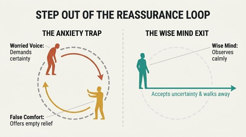 Split-panel diagram contrasting the endless anxiety loop between the Worried Voice and False Comfort with the Wise Mind calmly stepping away to accept uncertainty.
