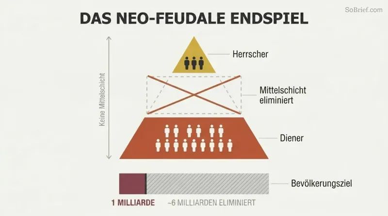 Two-tier pyramid with a missing middle class section and a population bar showing reduction from seven billion to one billion.