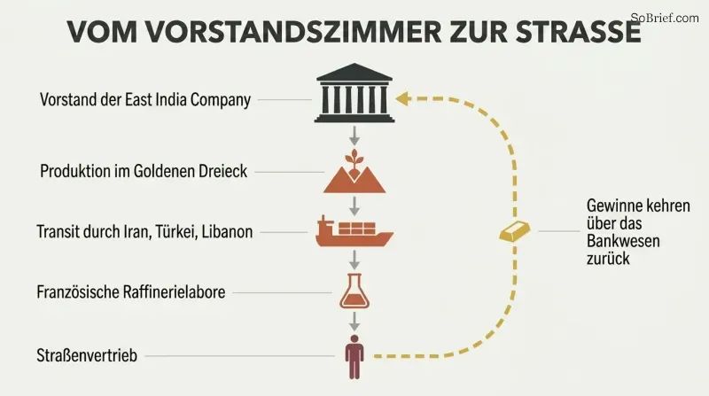 Vertical flow diagram tracing a drug supply chain downward from an aristocratic boardroom through production, transit, and refining stages, with a gold money-return arrow cycling profits back to the top.