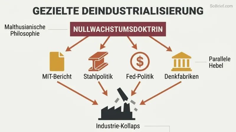 Funnel diagram showing a zero-growth doctrine feeding four policy mechanisms that converge downward onto a collapsed factory silhouette.