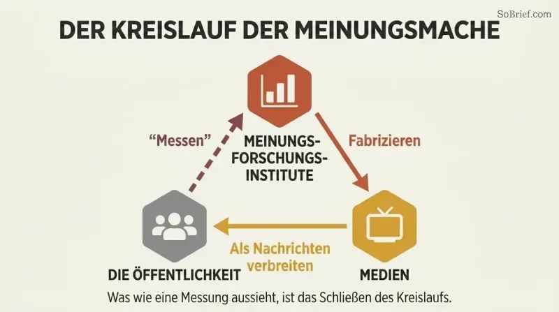 Triangular cycle showing polling institutions feeding narratives to media, media shaping public belief, and pollsters then measuring what they manufactured.