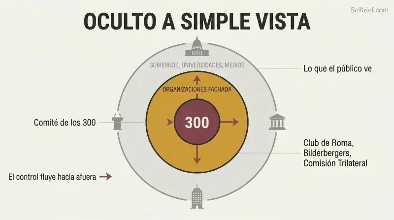 Three concentric rings showing how a hidden inner committee controls visible governments through intermediate front organizations.