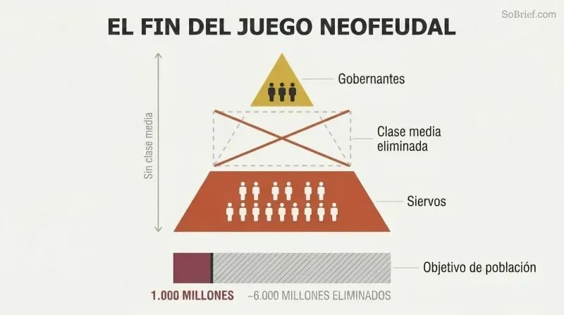 Two-tier pyramid with a missing middle class section and a population bar showing reduction from seven billion to one billion.