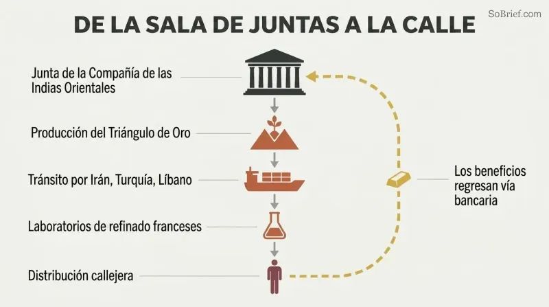 Vertical flow diagram tracing a drug supply chain downward from an aristocratic boardroom through production, transit, and refining stages, with a gold money-return arrow cycling profits back to the top.