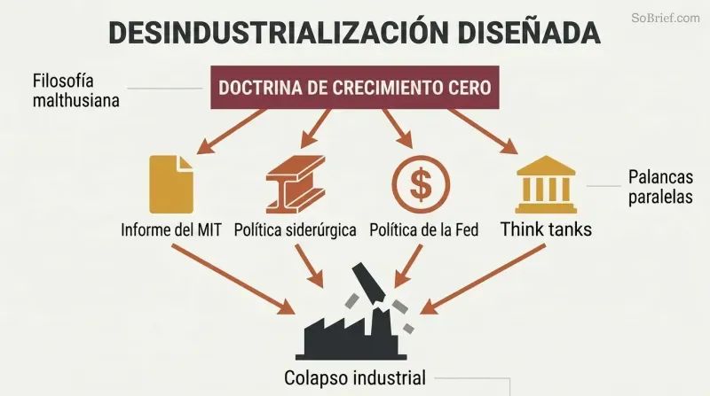 Funnel diagram showing a zero-growth doctrine feeding four policy mechanisms that converge downward onto a collapsed factory silhouette.