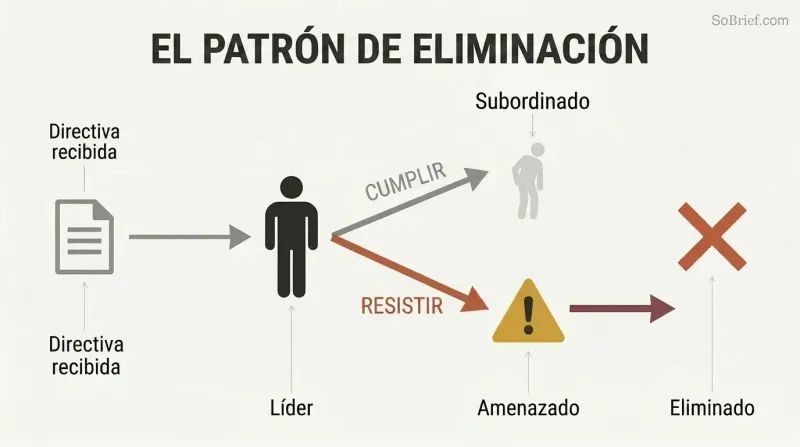 Fork diagram showing a leader receiving a directive, with one path for compliance leading to a diminished figure and another path for resistance leading through a threat to elimination.
