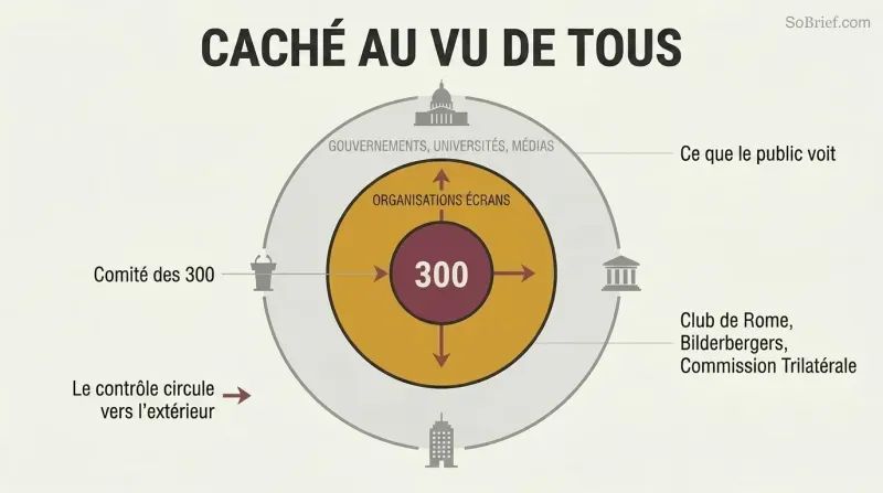 Three concentric rings showing how a hidden inner committee controls visible governments through intermediate front organizations.