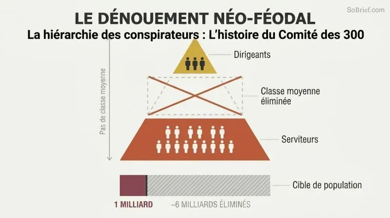 Two-tier pyramid with a missing middle class section and a population bar showing reduction from seven billion to one billion.