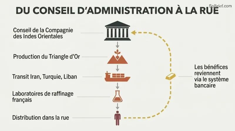 Vertical flow diagram tracing a drug supply chain downward from an aristocratic boardroom through production, transit, and refining stages, with a gold money-return arrow cycling profits back to the top.