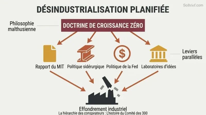 Funnel diagram showing a zero-growth doctrine feeding four policy mechanisms that converge downward onto a collapsed factory silhouette.