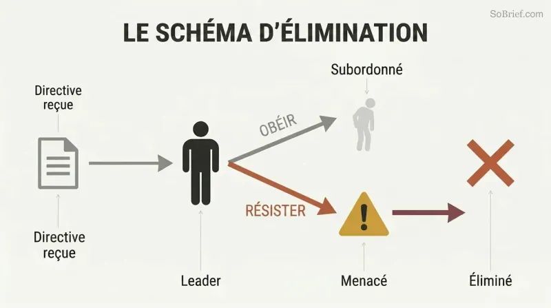 Fork diagram showing a leader receiving a directive, with one path for compliance leading to a diminished figure and another path for resistance leading through a threat to elimination.