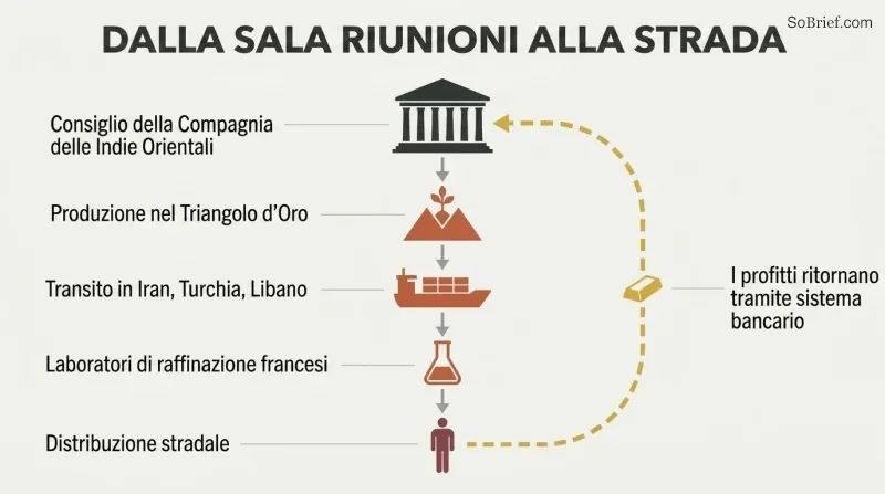 Vertical flow diagram tracing a drug supply chain downward from an aristocratic boardroom through production, transit, and refining stages, with a gold money-return arrow cycling profits back to the top.