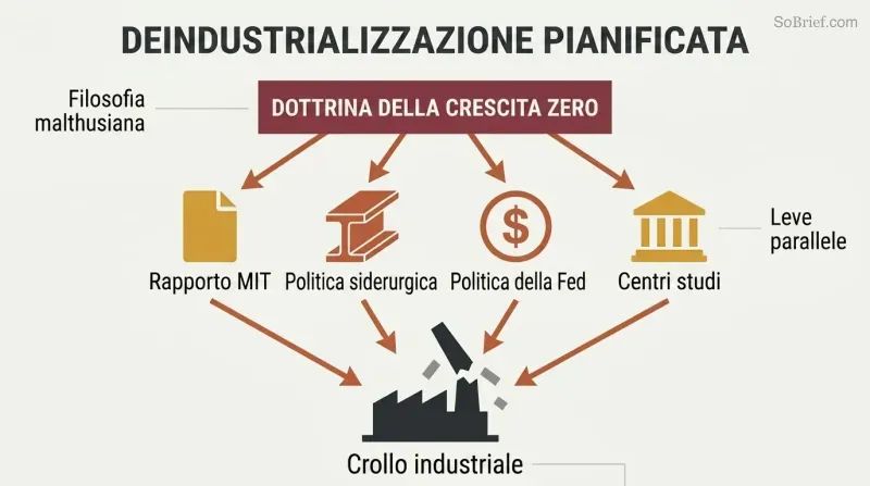 Funnel diagram showing a zero-growth doctrine feeding four policy mechanisms that converge downward onto a collapsed factory silhouette.