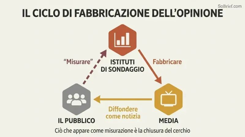 Triangular cycle showing polling institutions feeding narratives to media, media shaping public belief, and pollsters then measuring what they manufactured.