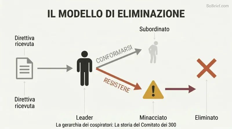 Fork diagram showing a leader receiving a directive, with one path for compliance leading to a diminished figure and another path for resistance leading through a threat to elimination.