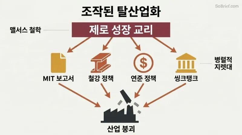 Funnel diagram showing a zero-growth doctrine feeding four policy mechanisms that converge downward onto a collapsed factory silhouette.