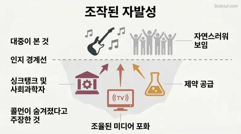 Iceberg diagram showing Beatles-era cultural phenomena above a perception line and alleged institutional orchestrators like Tavistock and media networks below it.