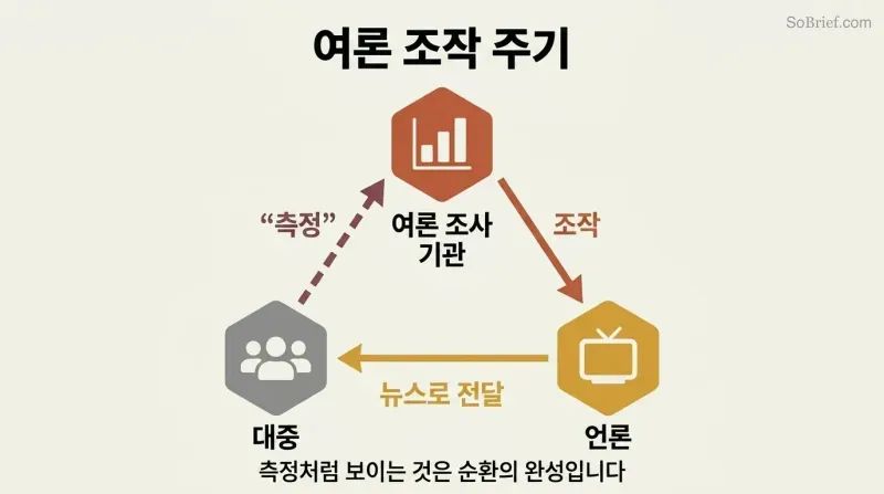Triangular cycle showing polling institutions feeding narratives to media, media shaping public belief, and pollsters then measuring what they manufactured.