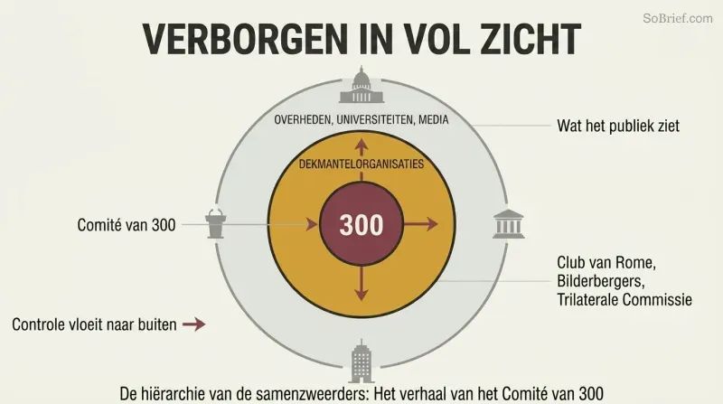 Three concentric rings showing how a hidden inner committee controls visible governments through intermediate front organizations.
