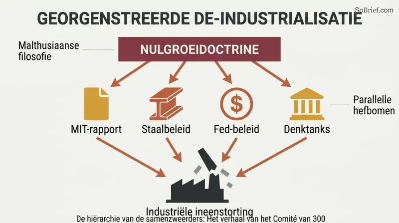 Funnel diagram showing a zero-growth doctrine feeding four policy mechanisms that converge downward onto a collapsed factory silhouette.